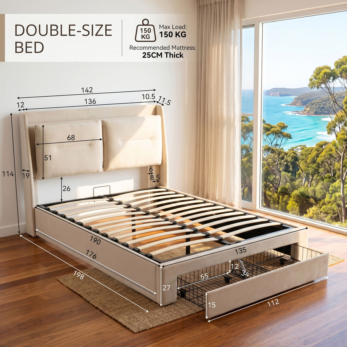 Audreamy Camden Ottoman Bed Beige Velvet