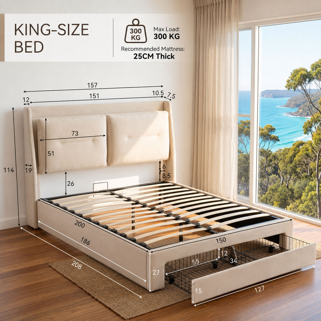Audreamy Camden Ottoman Bed Beige Velvet