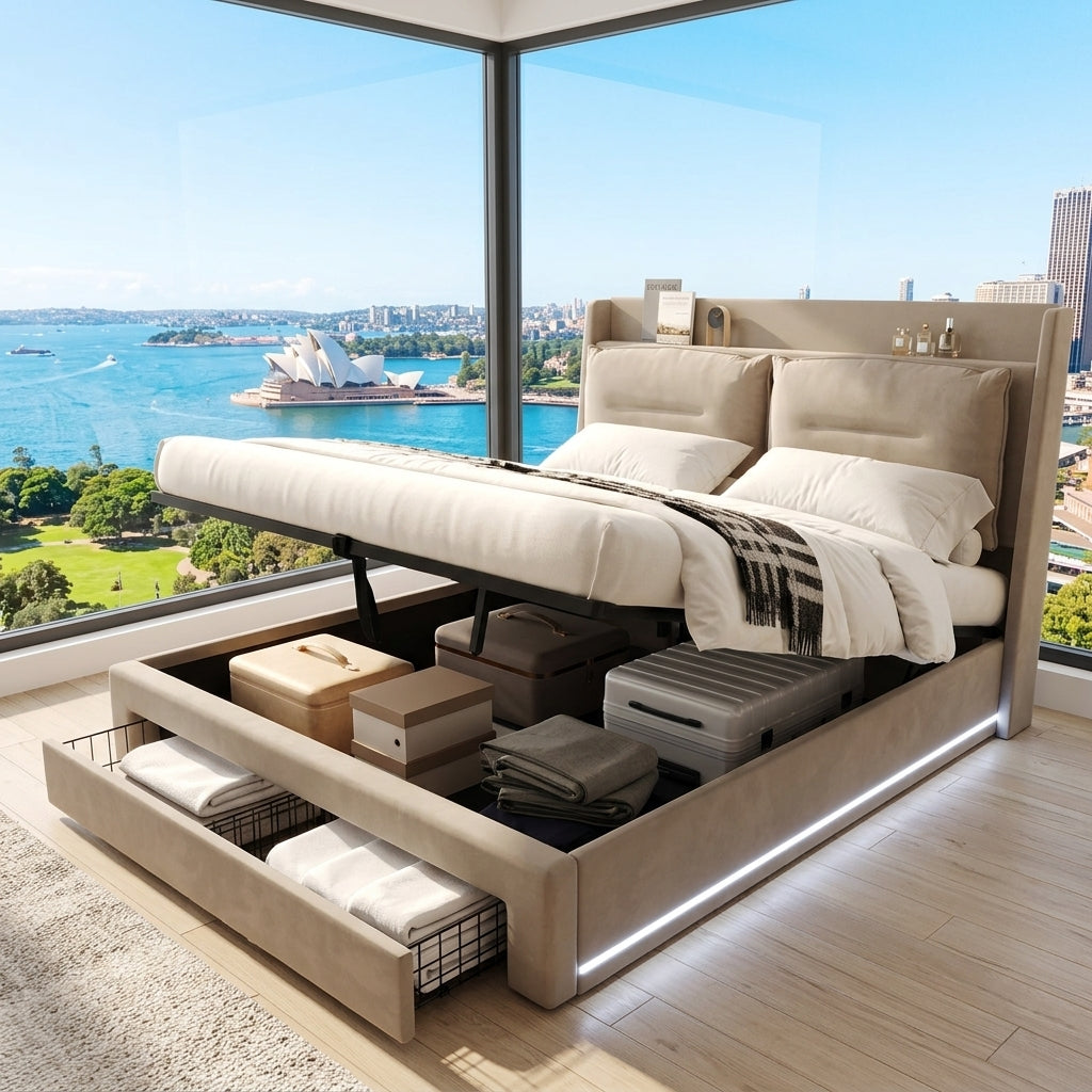 Audreamy Camden Ottoman Bed Beige Velvet