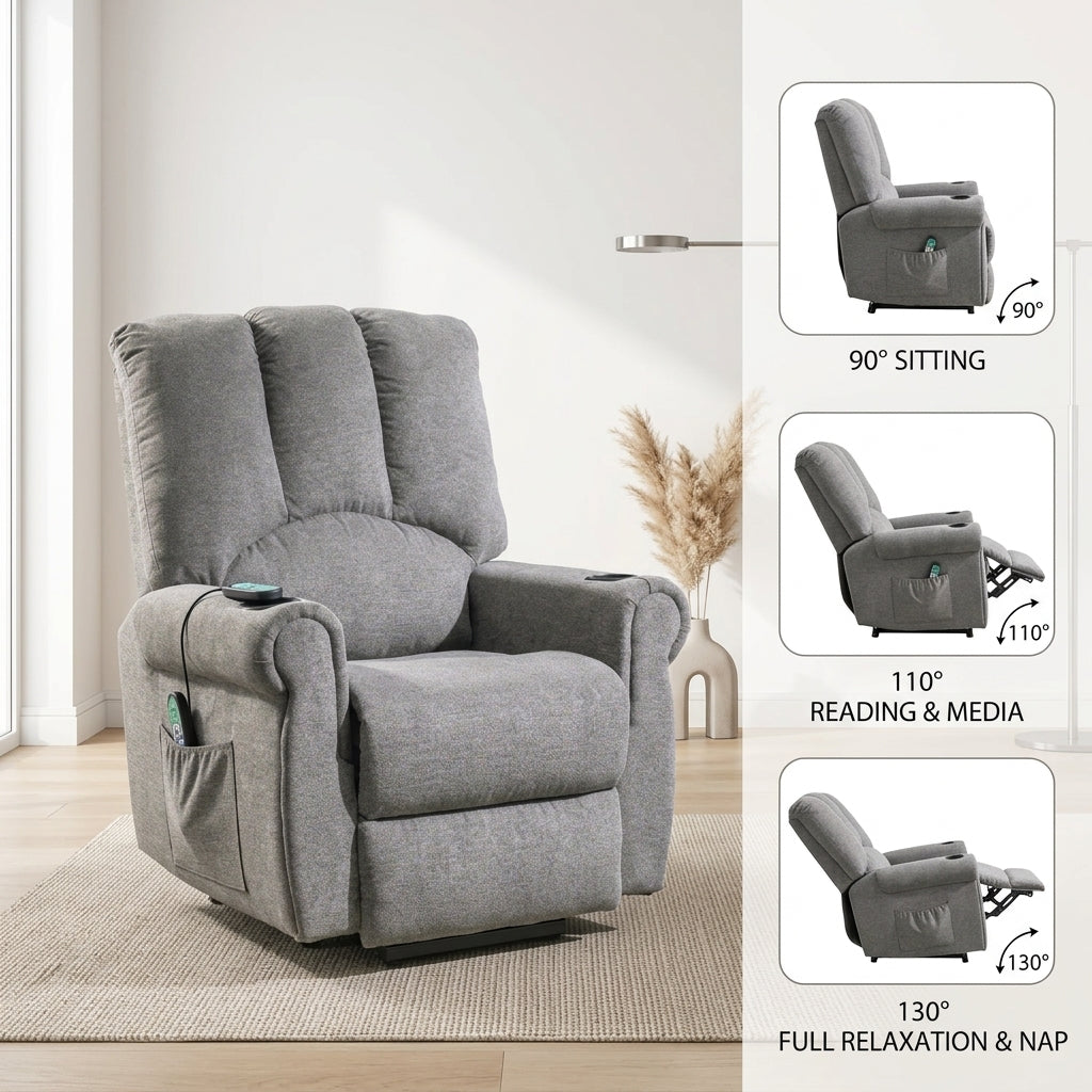 Recliner Armchair Electric Lift Grey Senior Chair - Single Motor, Heated Massage, Stand Assist