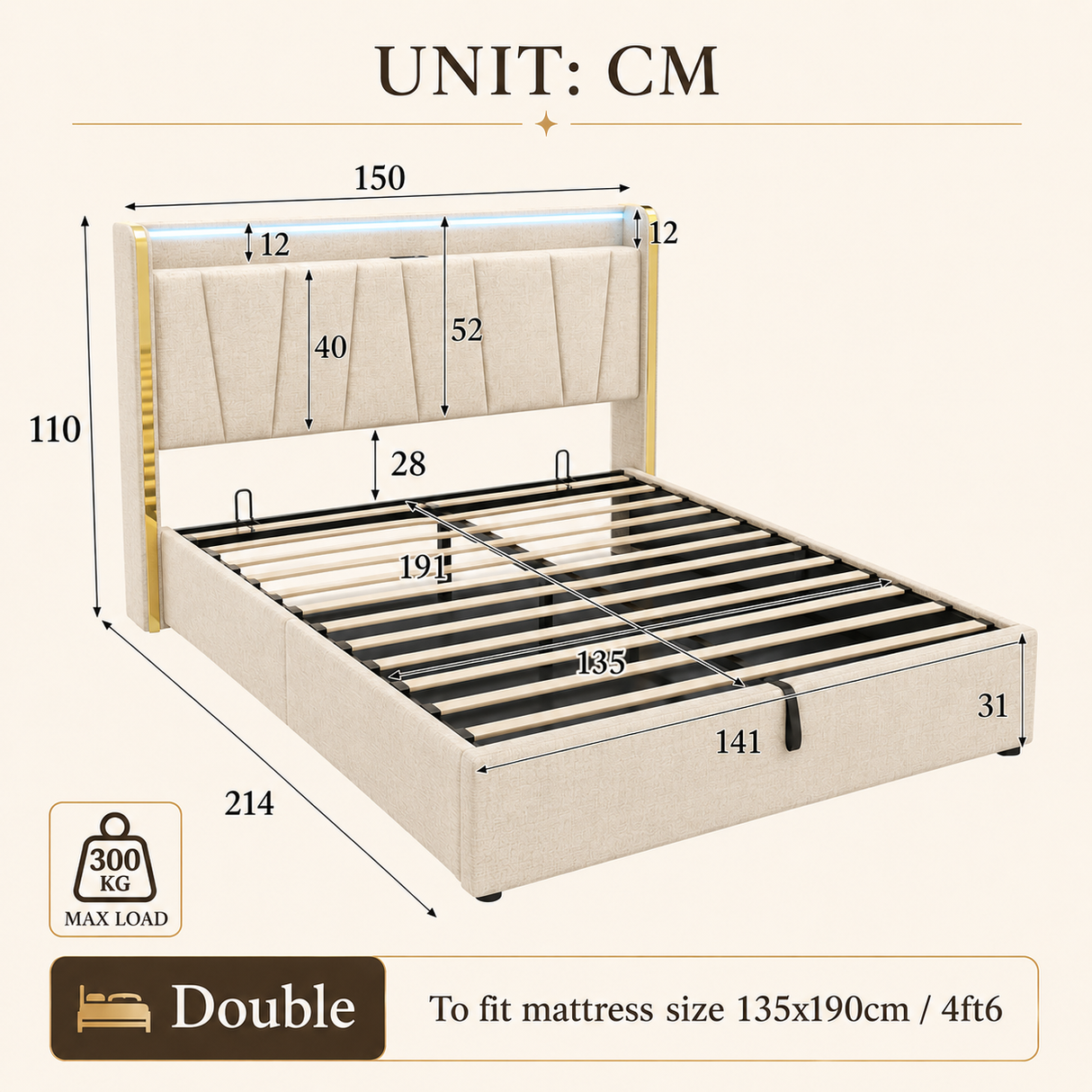 Upholstered Bed Frame with Hydraulic Storage, Ottoman Bed Beige Linen