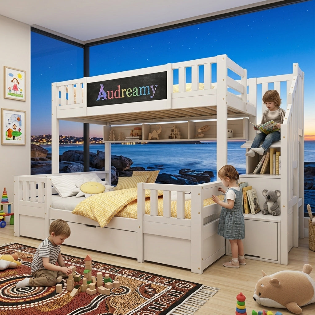 Audreamy Nimby Bunk Bed with Chalkboard for Kids White Wooden