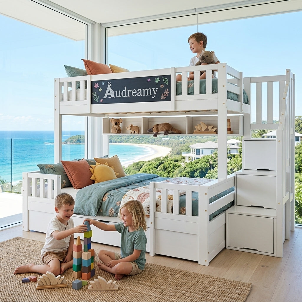 Audreamy Nimby Bunk Bed with Chalkboard for Kids White Wooden