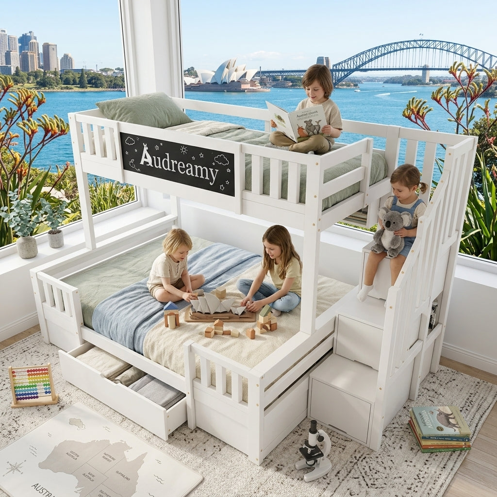 Audreamy Nimby Bunk Bed with Chalkboard for Kids White Wooden