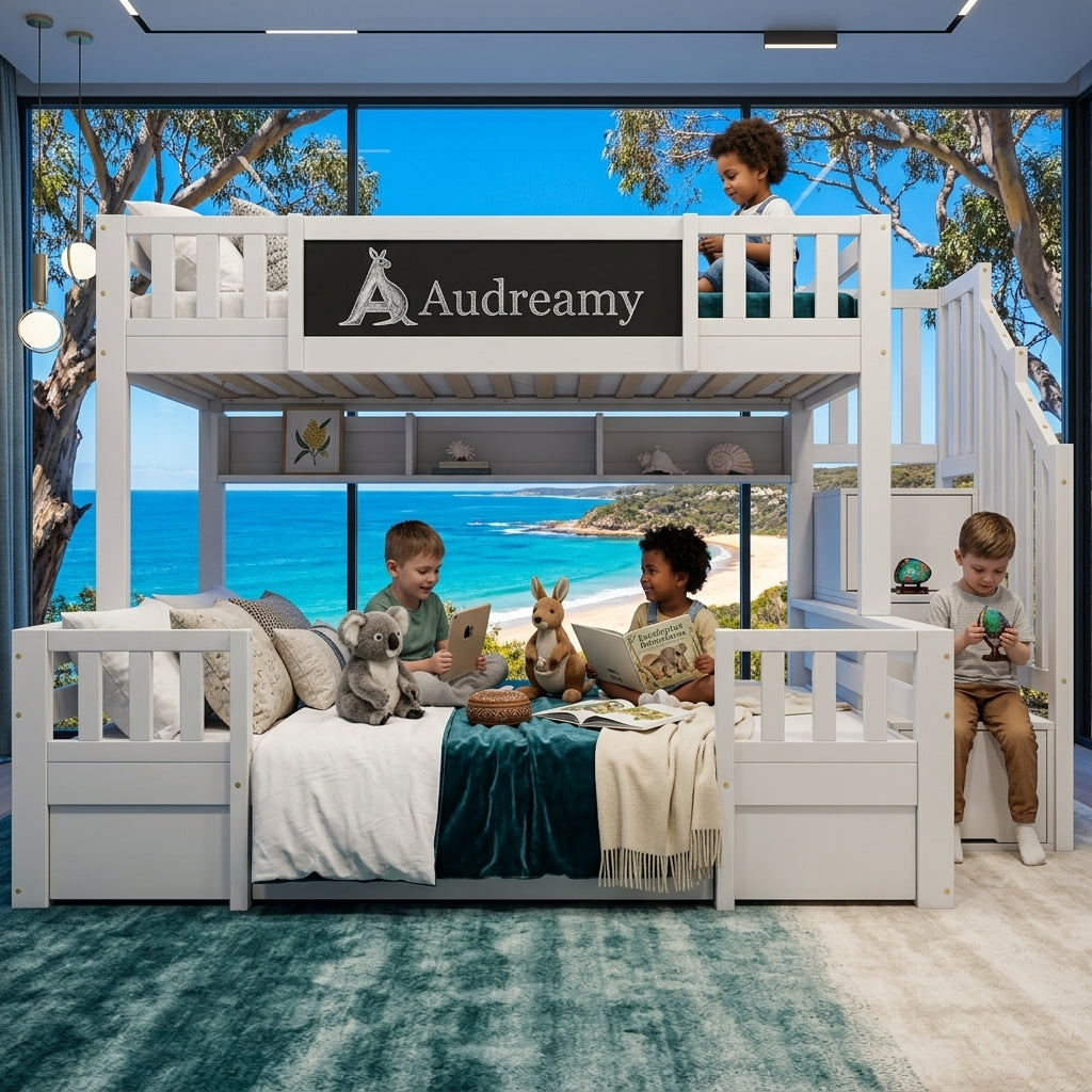 Audreamy Nimby Bunk Bed with Chalkboard for Kids White Wooden