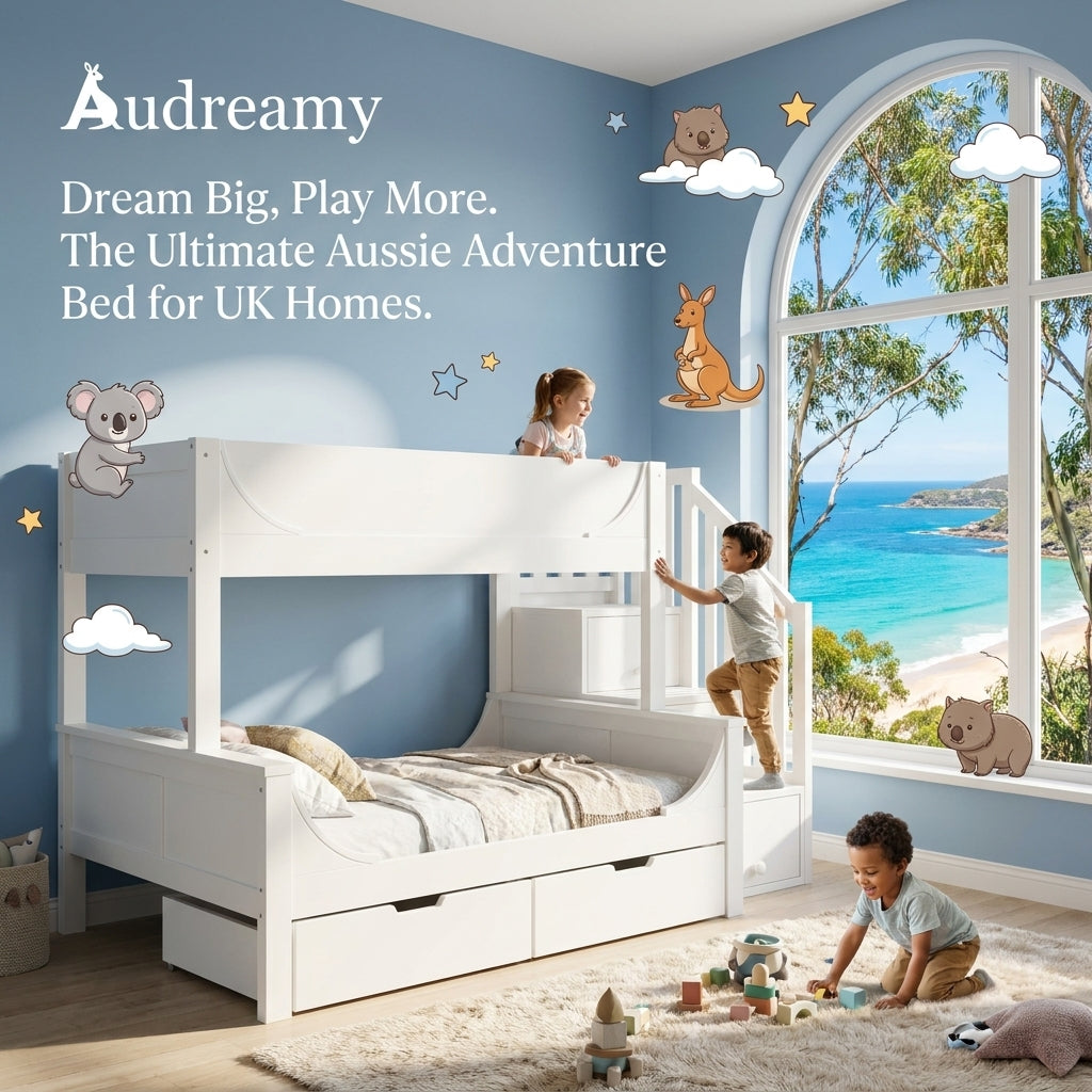 Audreamy Polara Bunk Bed with Storage for Kids White Wooden