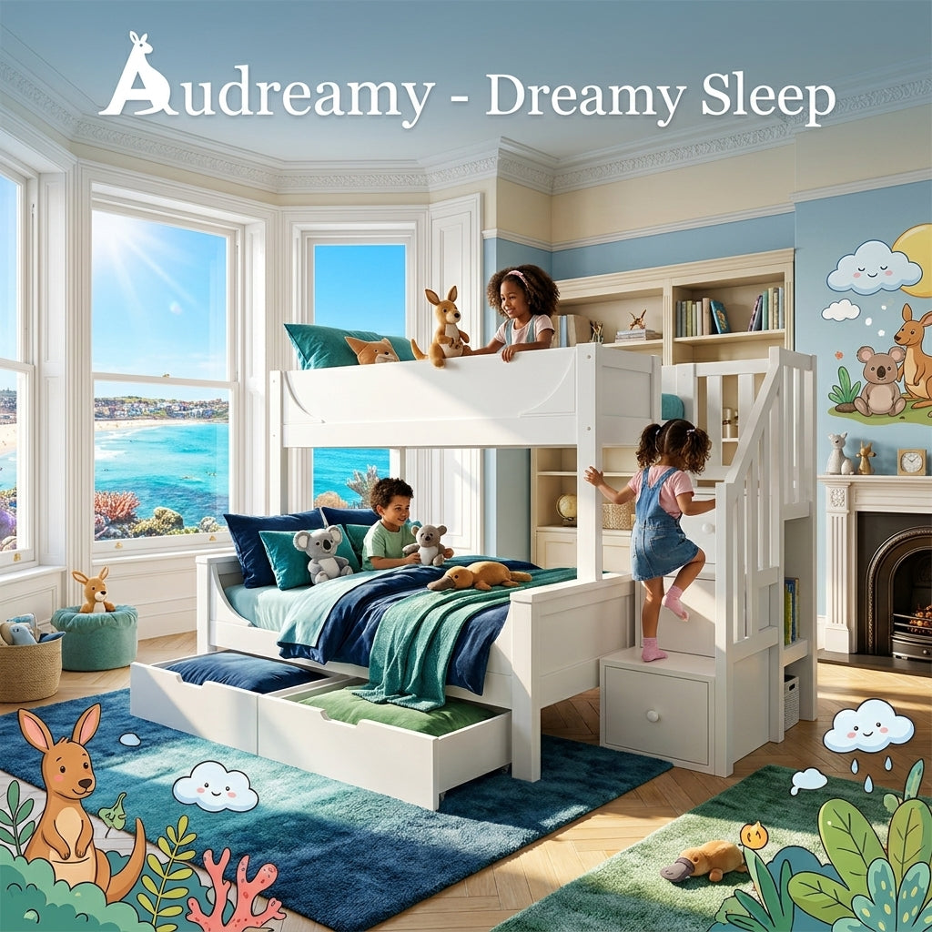 Audreamy Polara Bunk Bed with Storage for Kids White Wooden