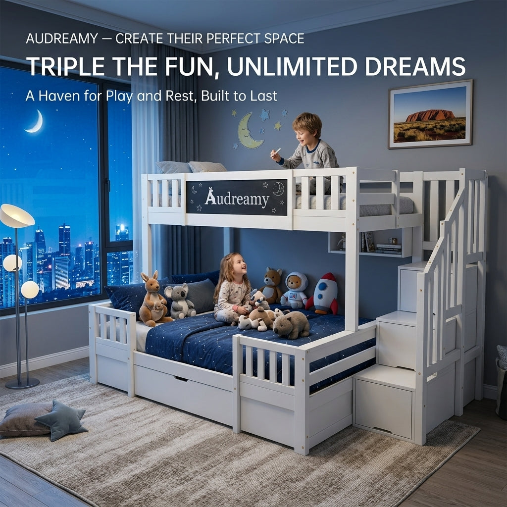 Audreamy Nimby Bunk Bed with Chalkboard for Kids White Wooden