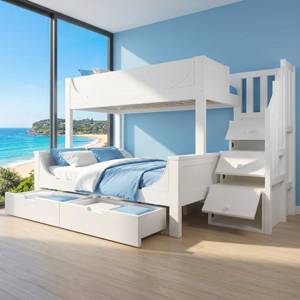 Audreamy Polara Bunk Bed with Storage for Kids White Wooden