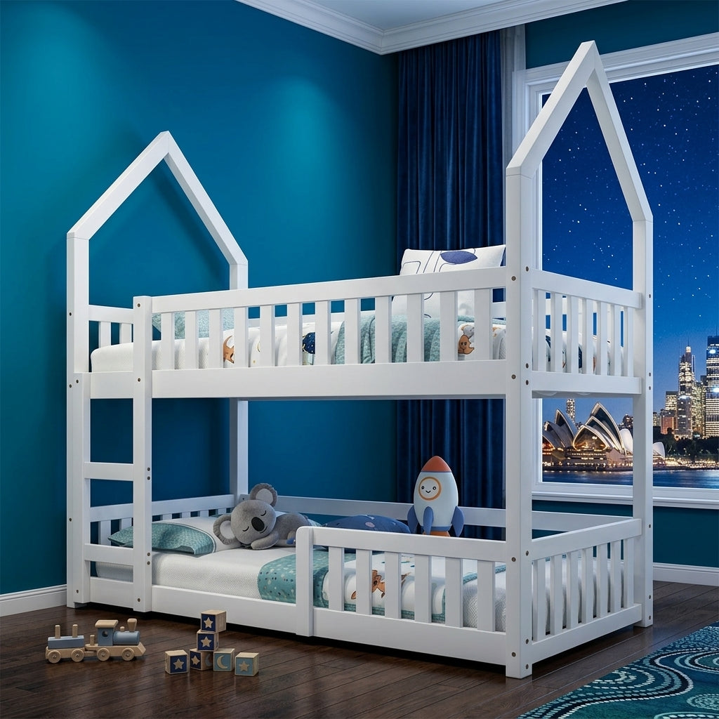 Audreamy Solvyn Castle-Shaped Wooden Bunk Bed White Single