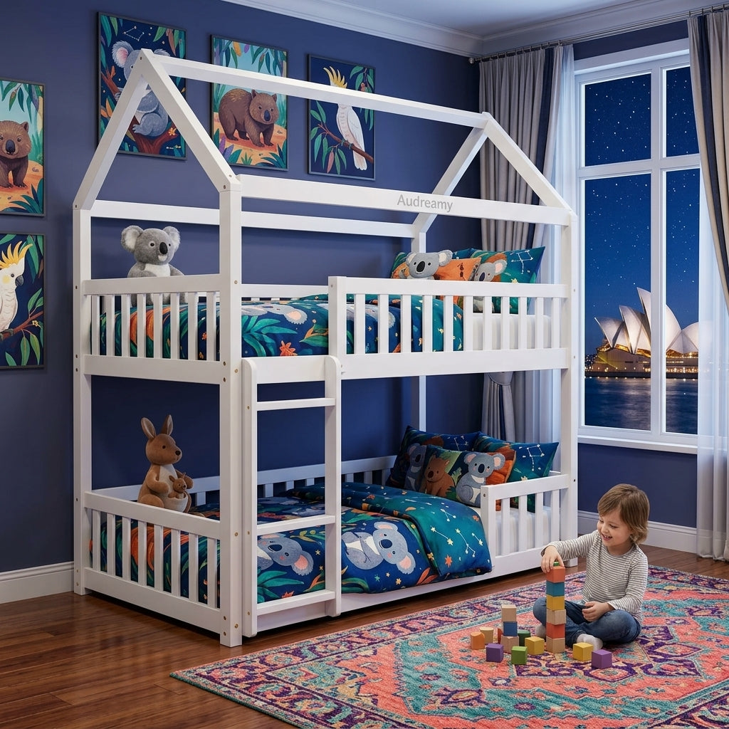 Audreamy Solvyn Castle-Shaped Wooden Bunk Bed White Single