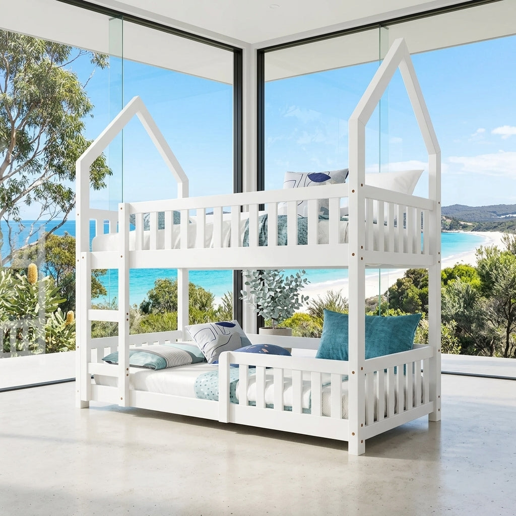 Audreamy Solvyn Castle-Shaped Wooden Bunk Bed White Single