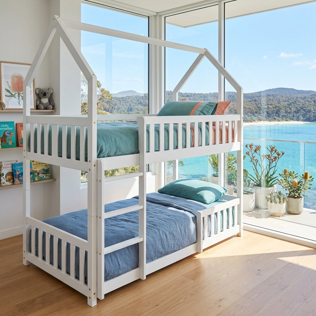 Audreamy Solvyn Castle-Shaped Wooden Bunk Bed White Single