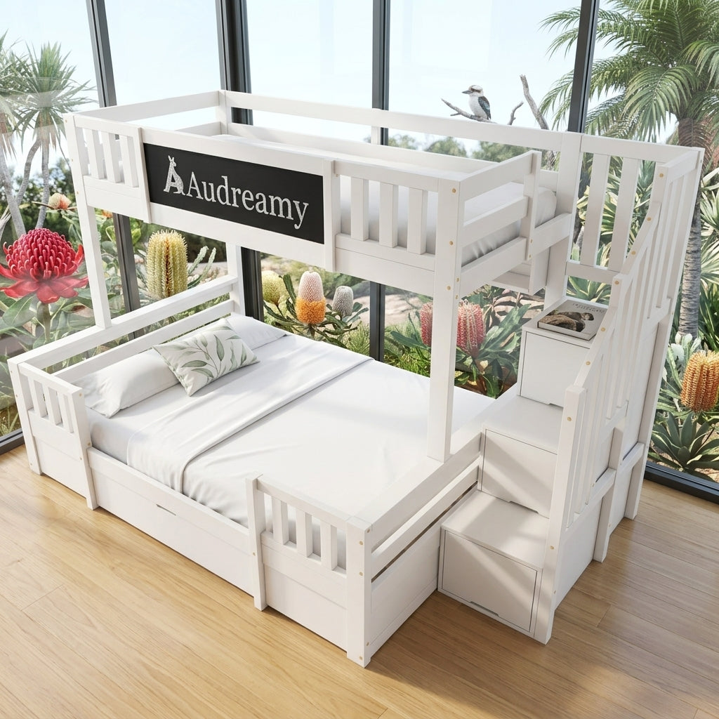 Audreamy Nimby Bunk Bed with Chalkboard for Kids White Wooden