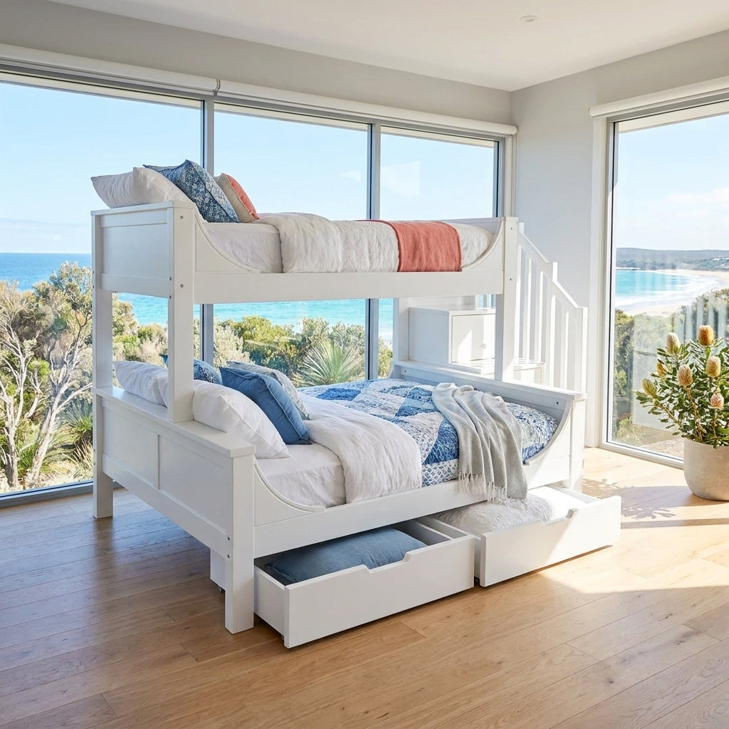 Audreamy Polara Bunk Bed with Storage for Kids White Wooden