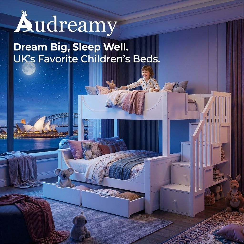 Audreamy Polara Bunk Bed with Storage for Kids White Wooden