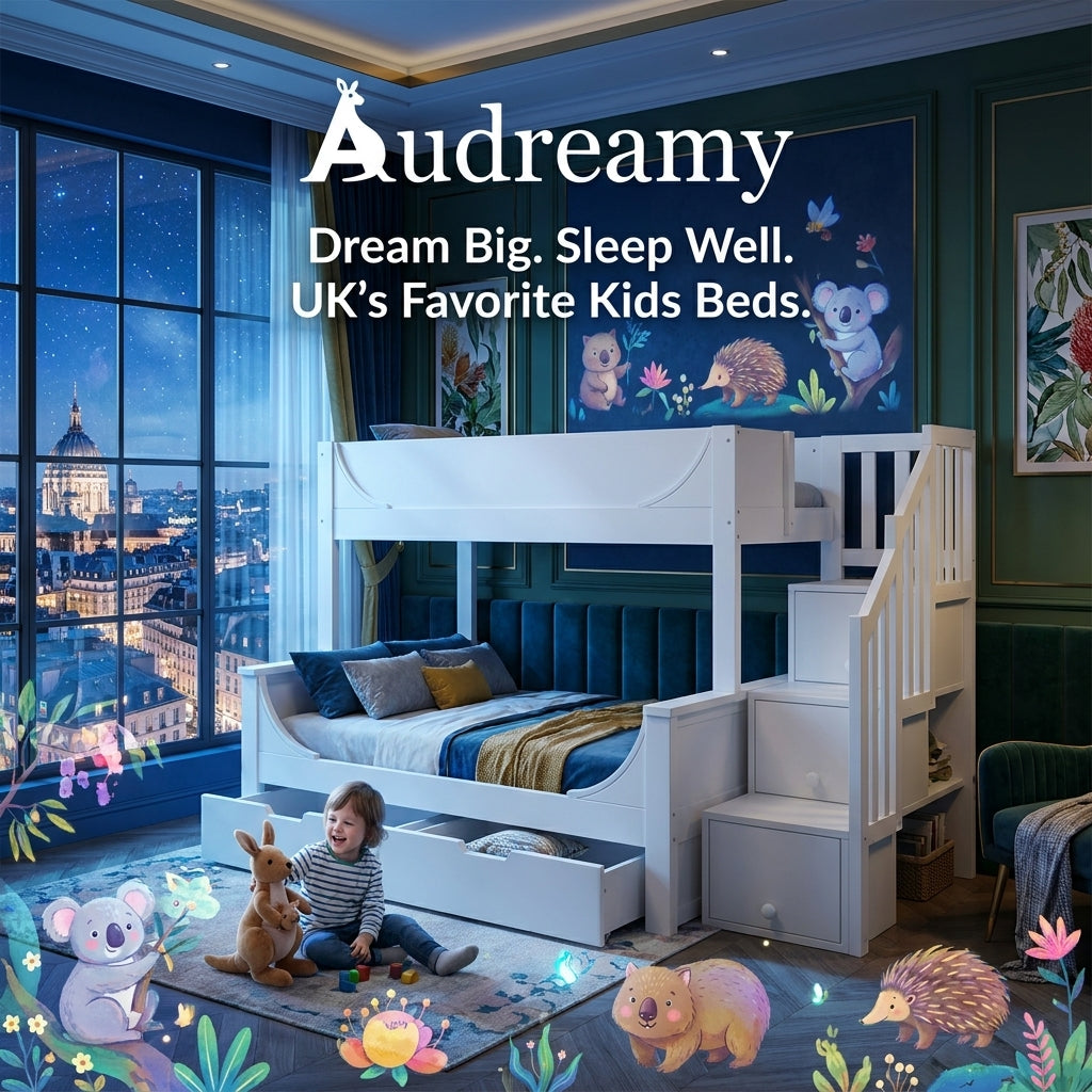 Audreamy Polara Bunk Bed with Storage for Kids White Wooden