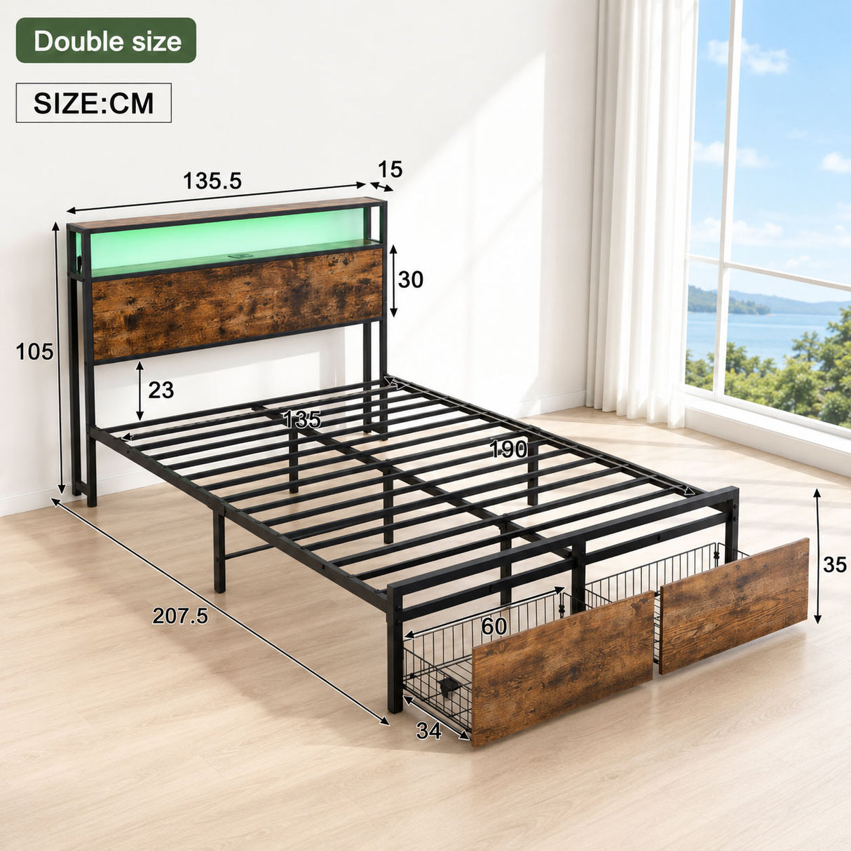 Audreamy Hudson Bed Frame with Storage Drawers Black Wood