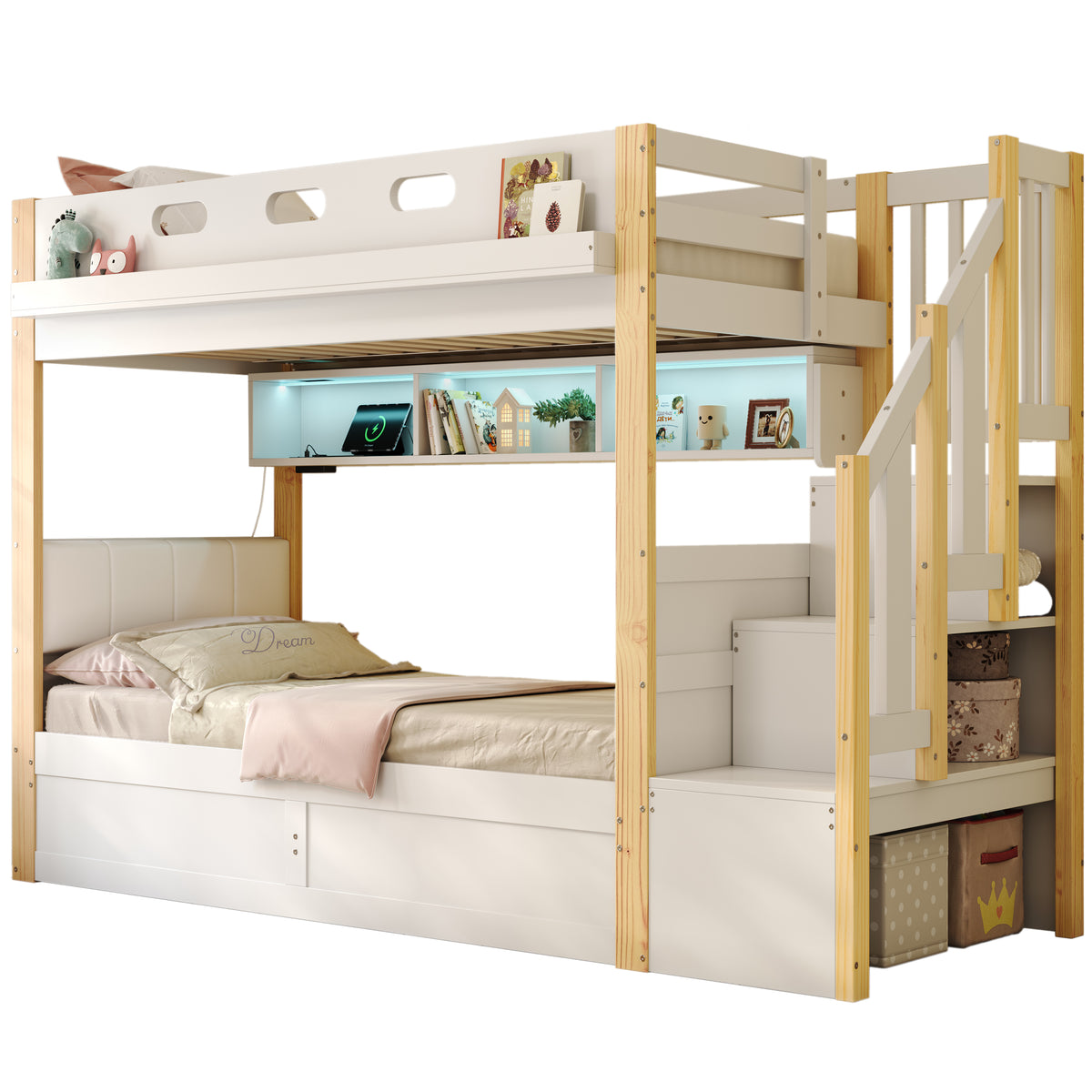 Audreamy Bobo Children's Loft Bunk Bed with LED Lights & Storage Stairs White Natural ottoman