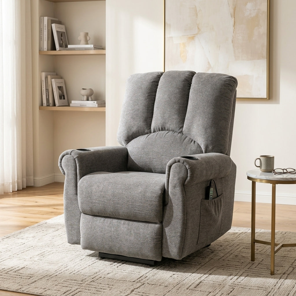 Recliner Armchair Electric Lift Grey Senior Chair - Single Motor, Heated Massage, Stand Assist