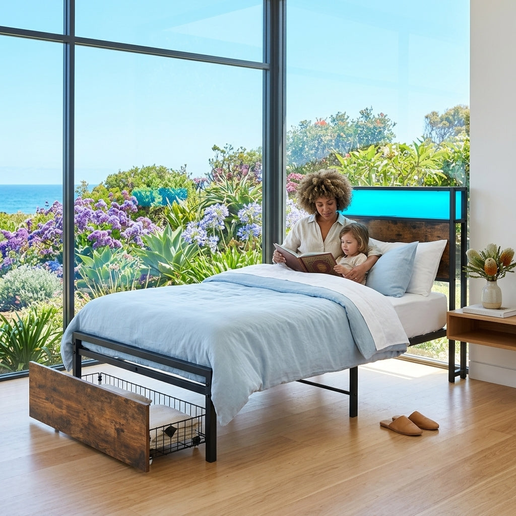 Audreamy Hudson Bed Frame with Storage Drawers Black Wood