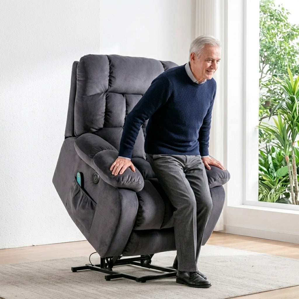 Recliner Armchair Electric Power Lift Sofa with Massage and Heat for Elderly 2 Side Pockets USB Ports Single Recliner Chairs