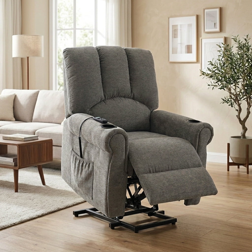 Recliner Armchair Electric Lift Grey Senior Chair - Single Motor, Heated Massage, Stand Assist