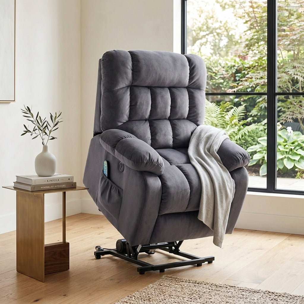 Recliner Armchair Electric Power Lift Sofa with Massage and Heat for Elderly 2 Side Pockets USB Ports Single Recliner Chairs