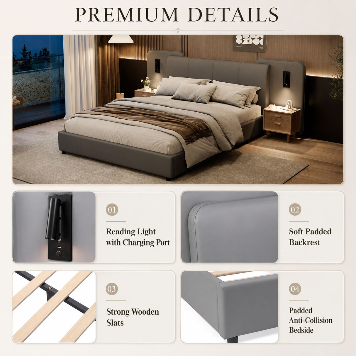 Audreamy Rowan Upholstered Bed Grey PU Double