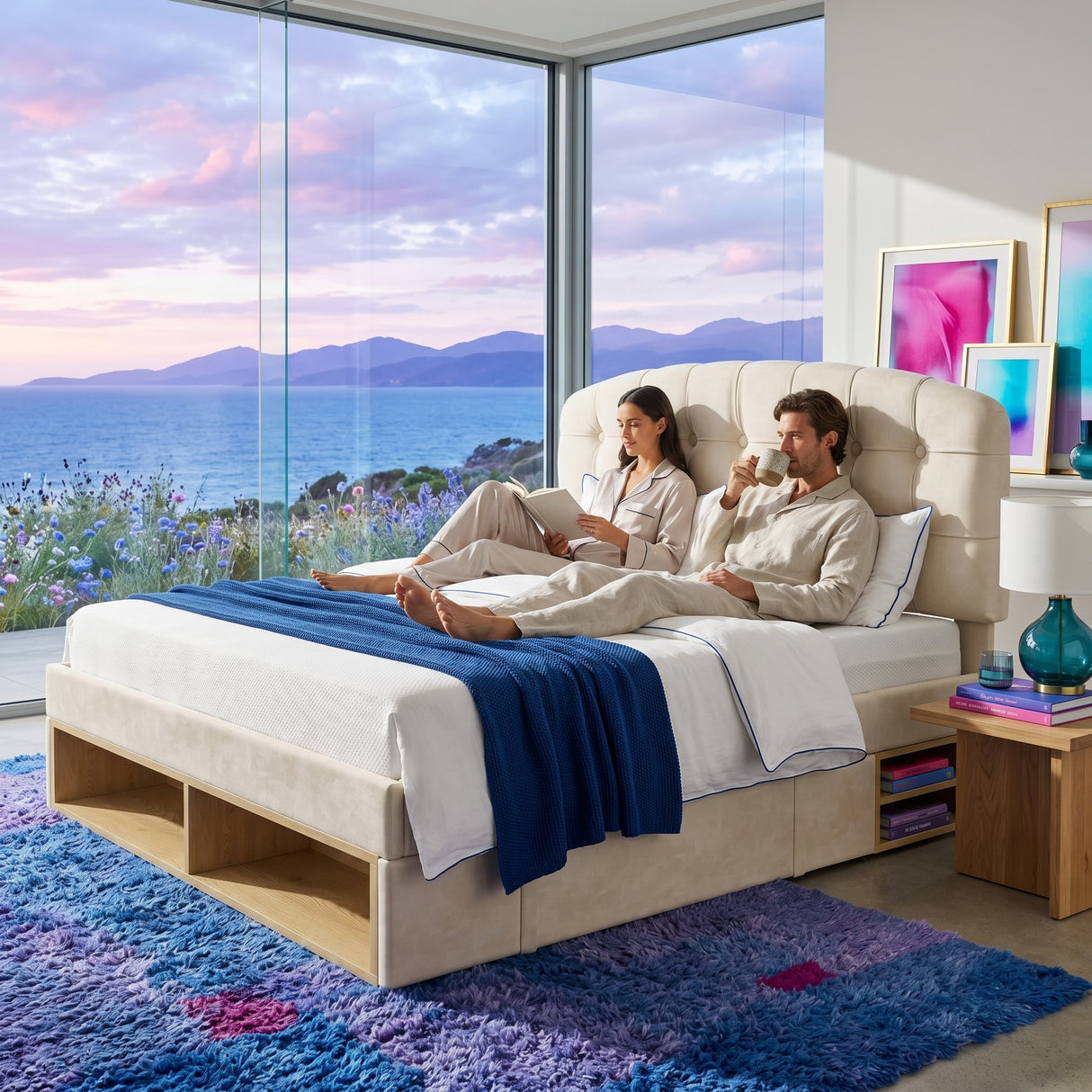 Audreamy Modra Upholstered Bed with Storage Drawers, Adjustable Headboard Beige Velvet