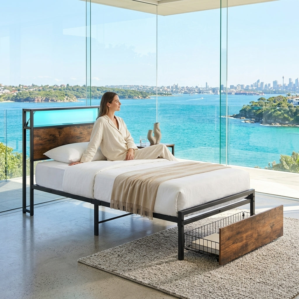 Audreamy Hudson Bed Frame with Storage Drawers Black Wood