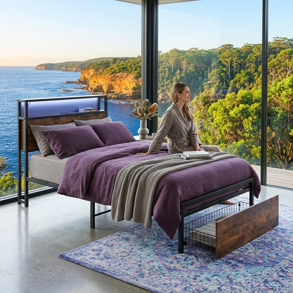 Audreamy Hudson Bed Frame with Storage Drawers Black Wood