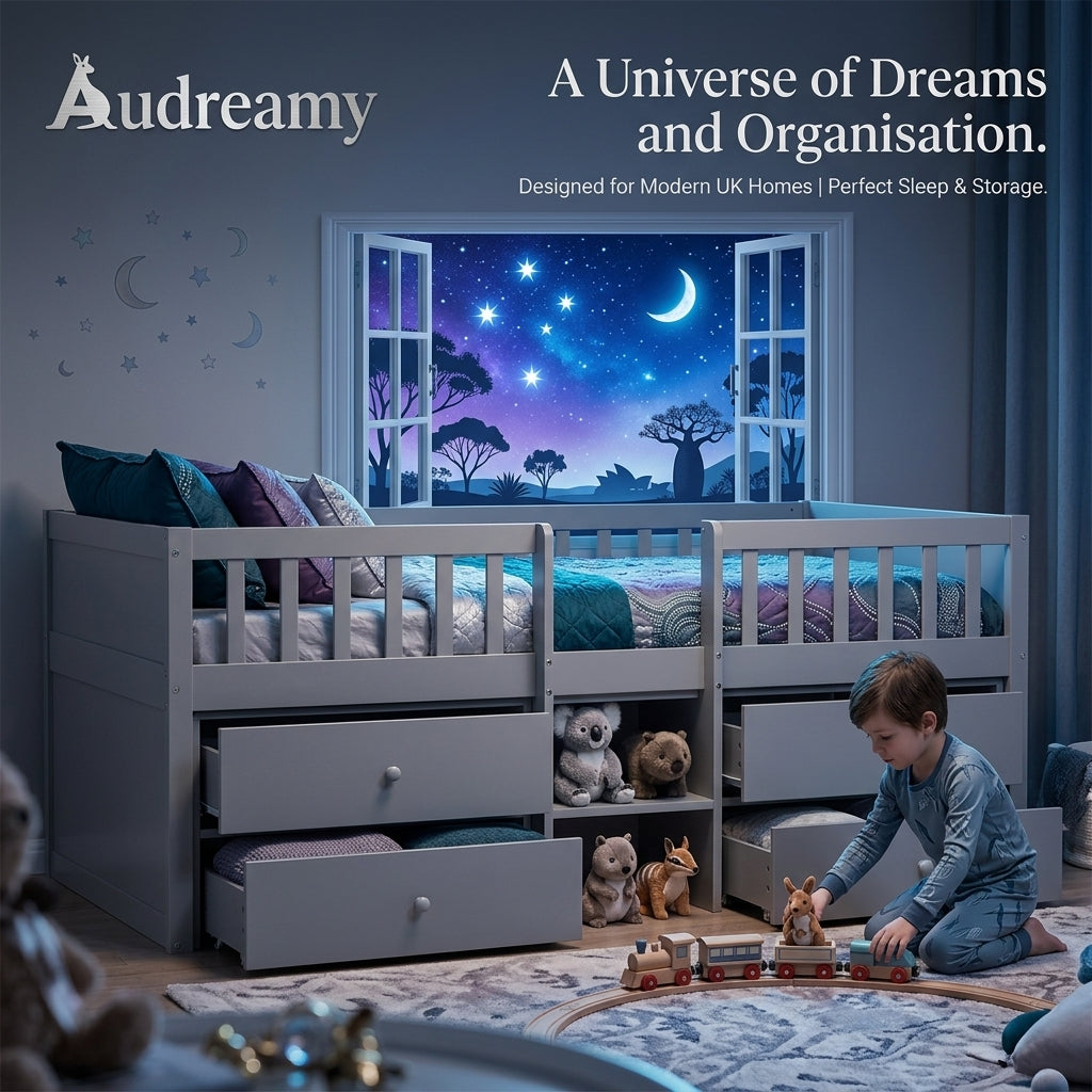 Audreamy Kestrel Low Loft Bed Grey Wooden Single with Storage