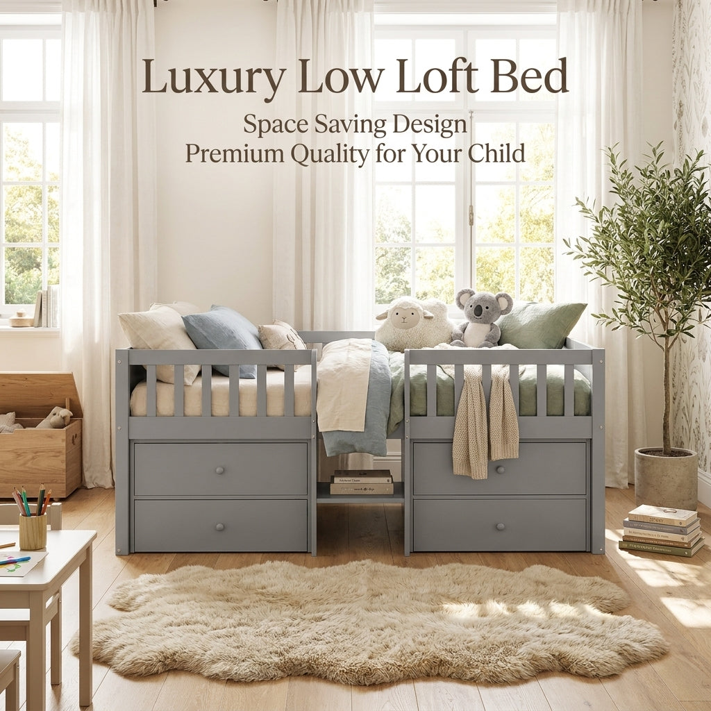Audreamy Kestrel Low Loft Bed Grey Wooden Single with Storage