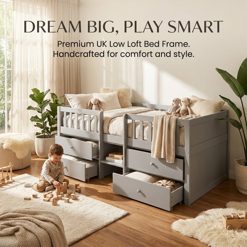 Audreamy Kestrel Low Loft Bed Grey Wooden Single with Storage