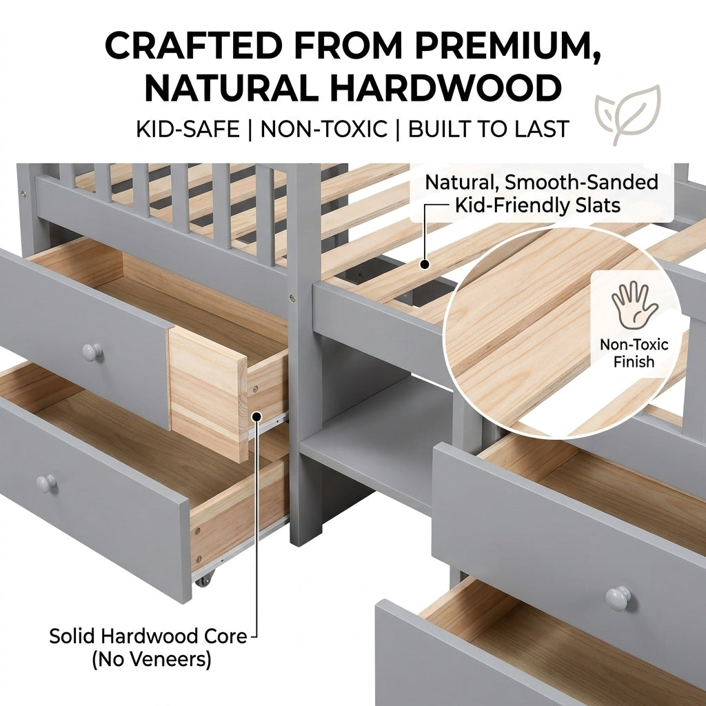 Audreamy Kestrel Low Loft Bed Grey Wooden Single with Storage