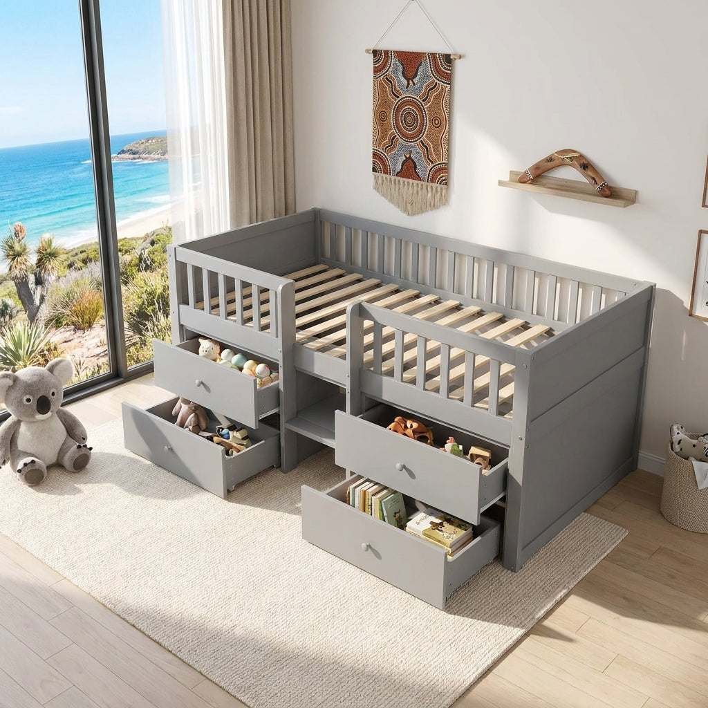 Audreamy Kestrel Low Loft Bed Grey Wooden Single with Storage