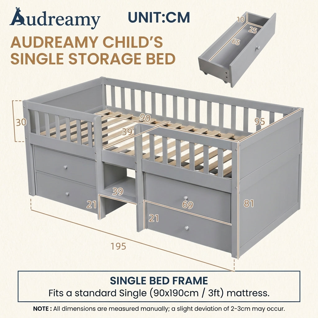 Audreamy Kestrel Low Loft Bed Grey Wooden Single with Storage
