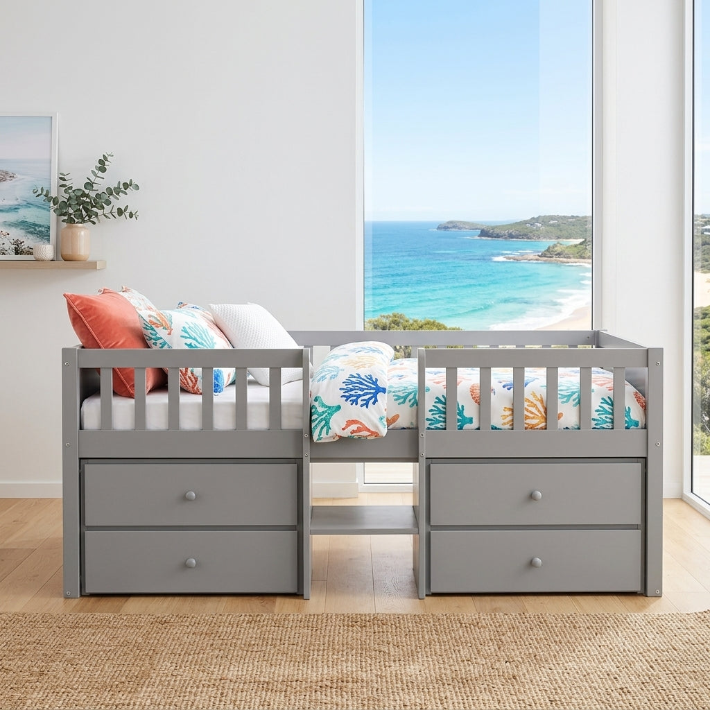 Audreamy Kestrel Low Loft Bed Grey Wooden Single with Storage