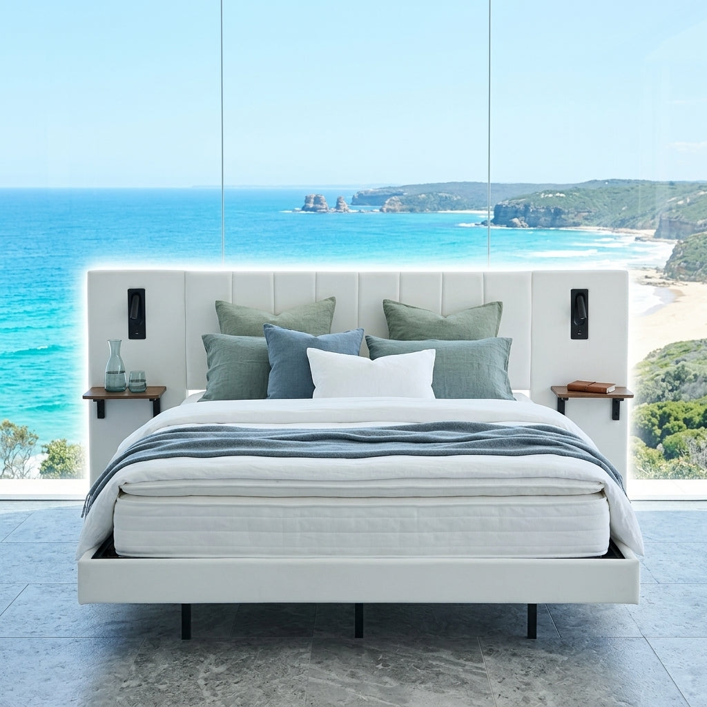 Audreamy Arbor Upholstered Bed Frame with LED Light, Storage Headboard White Velvet King