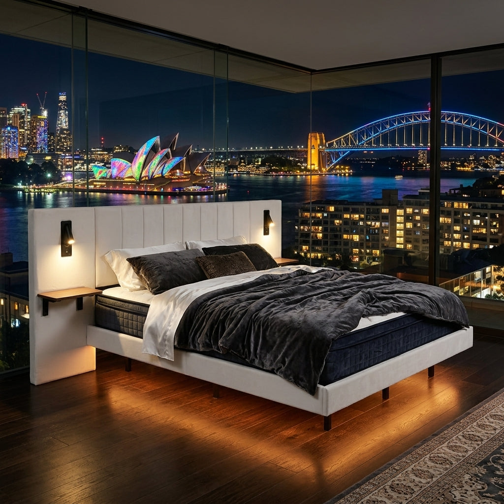 Audreamy Arbor Upholstered Bed Frame with LED Light, Storage Headboard White Velvet King