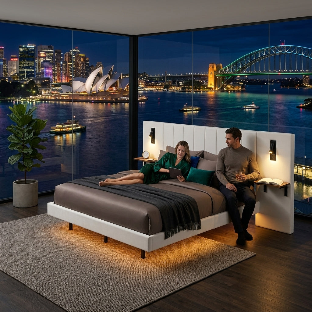 Audreamy Arbor Upholstered Bed Frame with LED Light, Storage Headboard White Velvet King