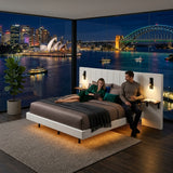 Audreamy Arbor Upholstered Bed Frame with LED Light, Storage Headboard White Velvet King