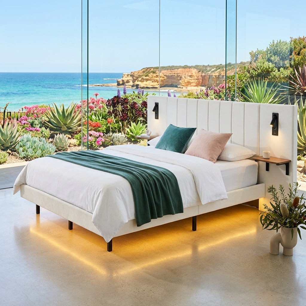 Audreamy Arbor Upholstered Bed Frame with LED Light, Storage Headboard White Velvet King