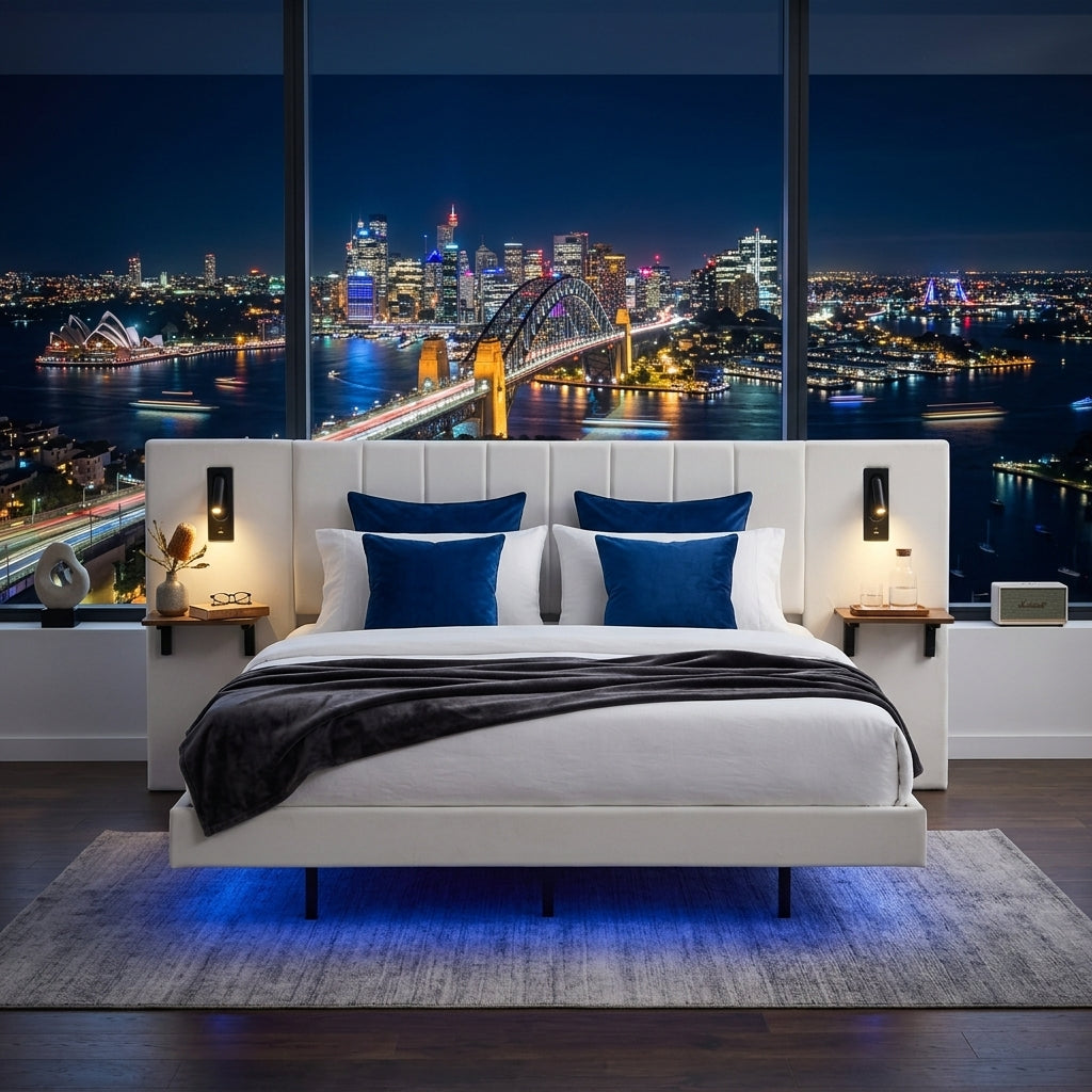 Audreamy Arbor Upholstered Bed Frame with LED Light, Storage Headboard White Velvet King