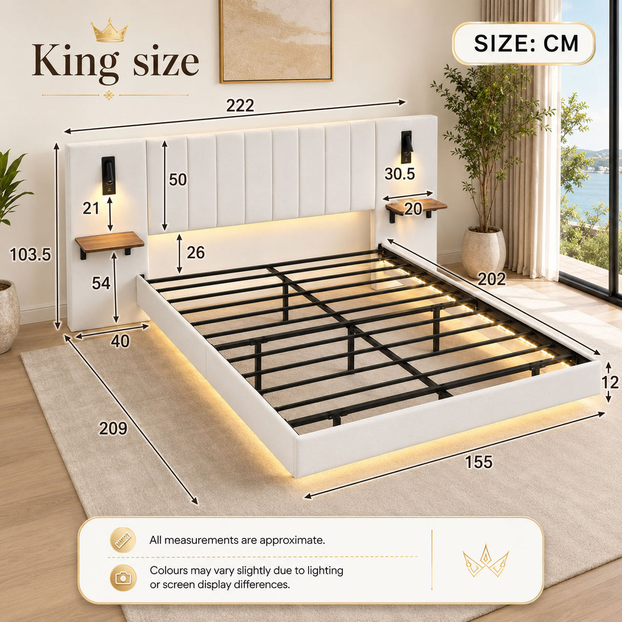 Audreamy Arbor Upholstered Bed Frame with LED Light, Storage Headboard White Velvet King