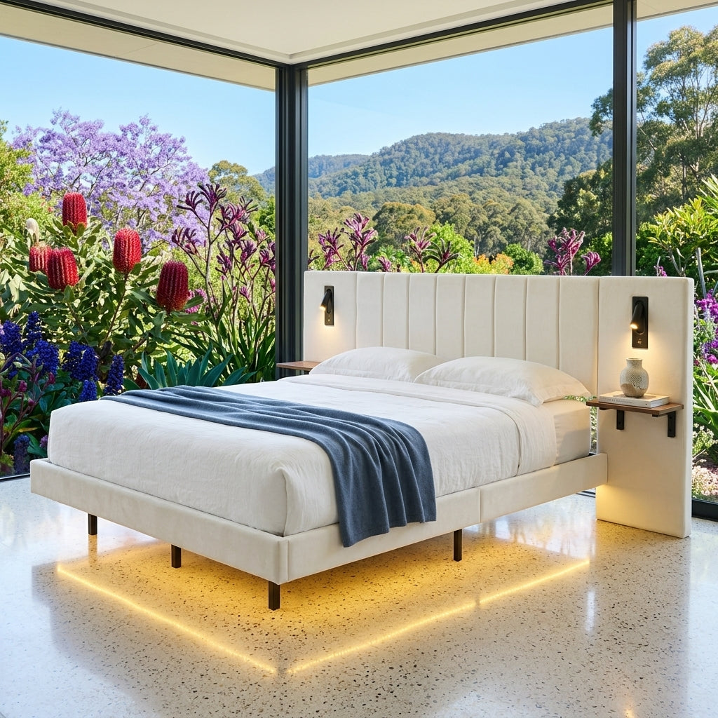 Audreamy Arbor Upholstered Bed Frame with LED Light, Storage Headboard White Velvet King