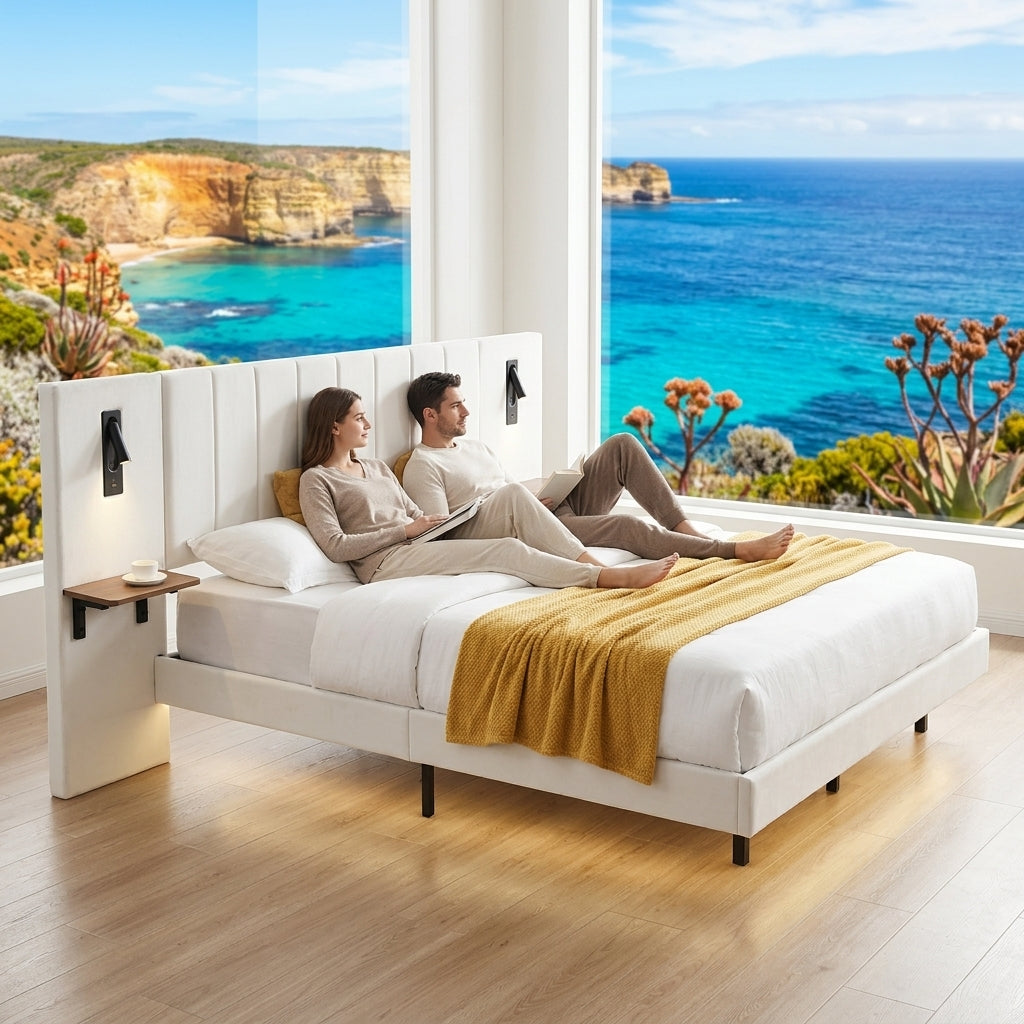 Audreamy Arbor Upholstered Bed Frame with LED Light, Storage Headboard White Velvet King