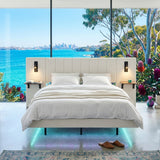 Audreamy Arbor Upholstered Bed Frame with LED Light, Storage Headboard White Velvet King