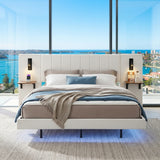 Audreamy Arbor Upholstered Bed Frame with LED Light, Storage Headboard White Velvet King